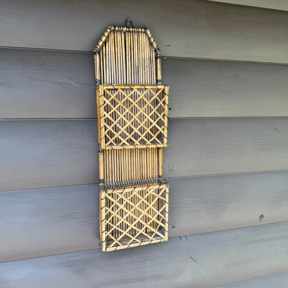 Vintage Bamboo Rattan Wall Pocket Organizer 2 Tier Mail Letter Holder Boho Decor